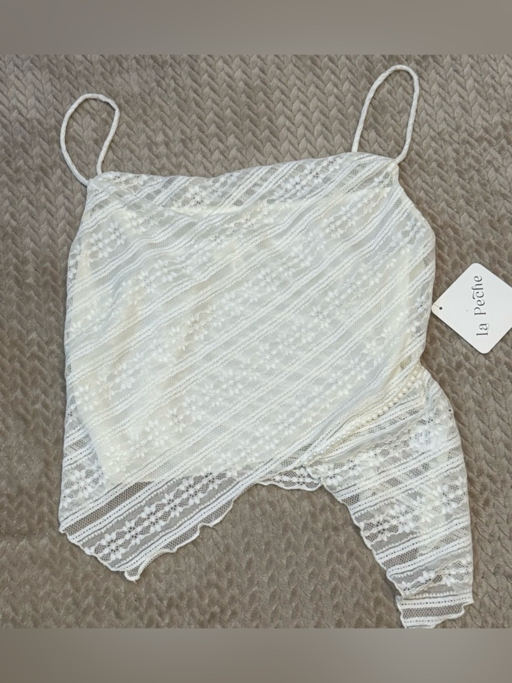 SOLD Lace Camisole XL Ivory Pearl Trim Asymmetrical Y2K Coquette Top - Picture 9 of 12
